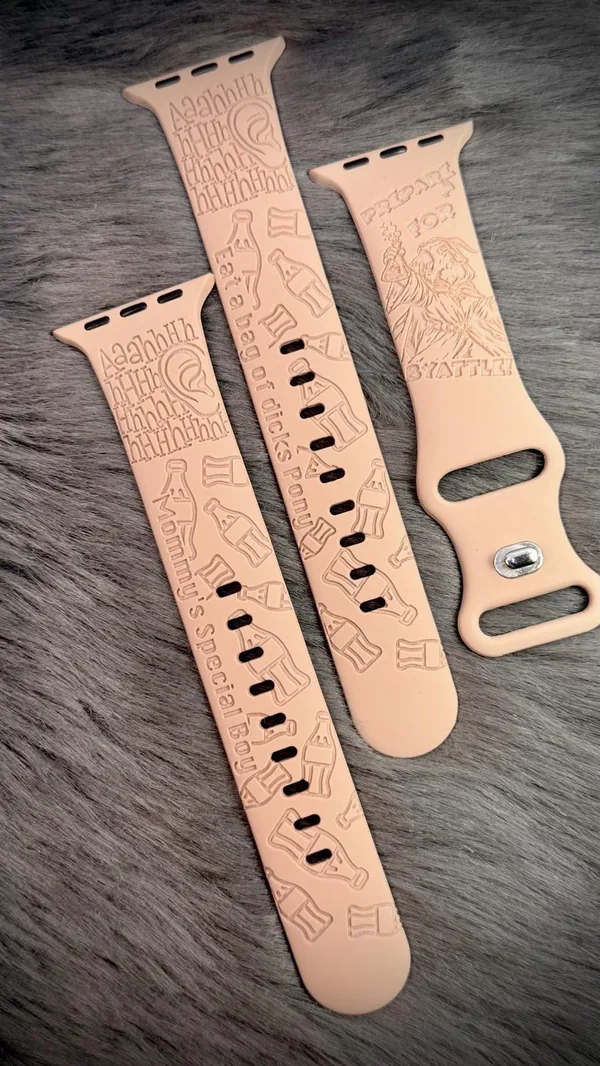 Engraved watch band with Prepotente in Byattle artwork.